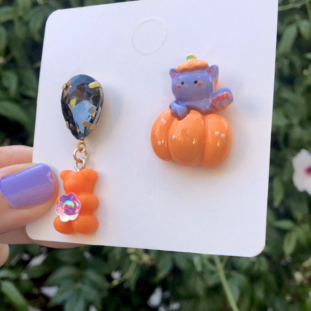 Black Diamond Crystal, Gummy Bear + Cat Pumpkin Halloween Drop Earrings View 3
